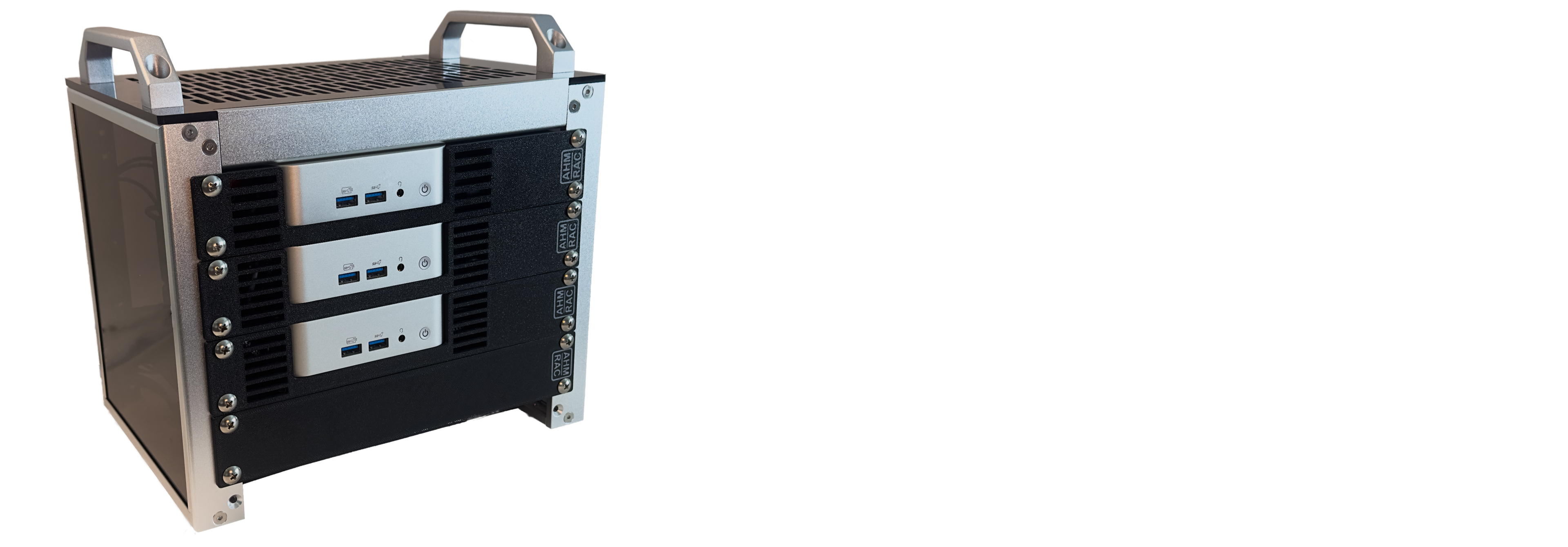 A cluster of mini PCs mounted in a 4U rack